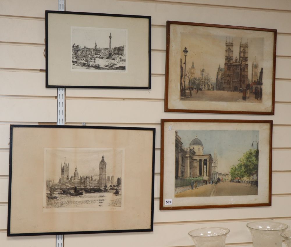 Edward King, two etchings, London views, together with two other London etchings by Henry Lambert and S.G. Rowles, largest 34 x 47cm